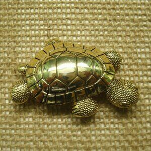 Vintage Goldtone Turtle Pin Brooch Rhinestone Eyes